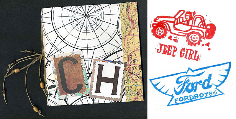 Letterboxing logbook and samples of personal stamps