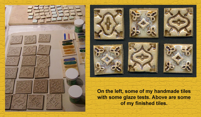 Handmade ceramic tiles I made for my kitchen backsplash,.