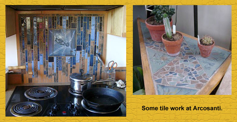 Tile work at Arcosanti including a sample kitchen backsplash.