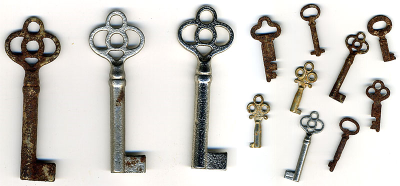 vintage and new keys with varying degrees of patina