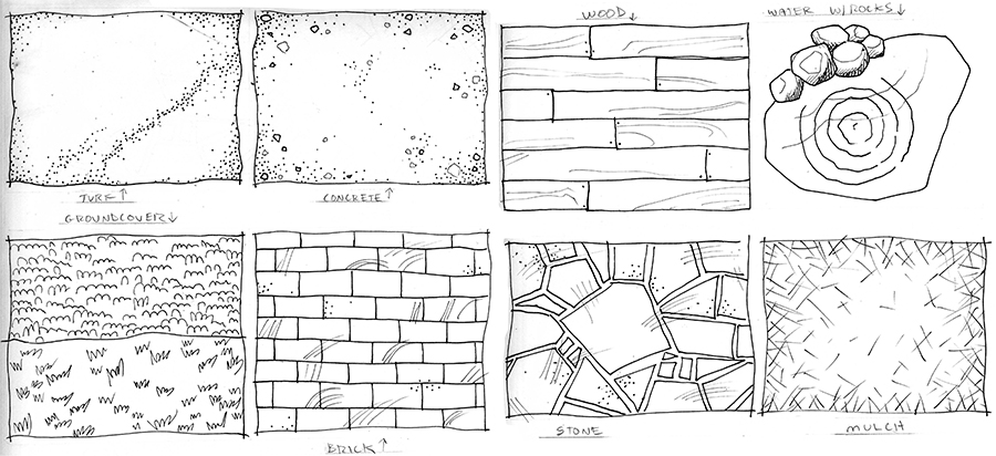 Practice drawing surfaces and landscaping symbols.