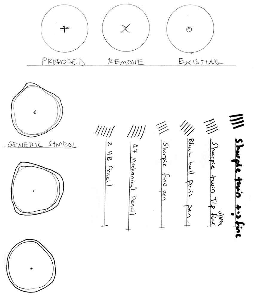 Practicing rendering generic symbols and testing line weights of drawing tools.