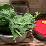 Collard leaves and container of frozen broth